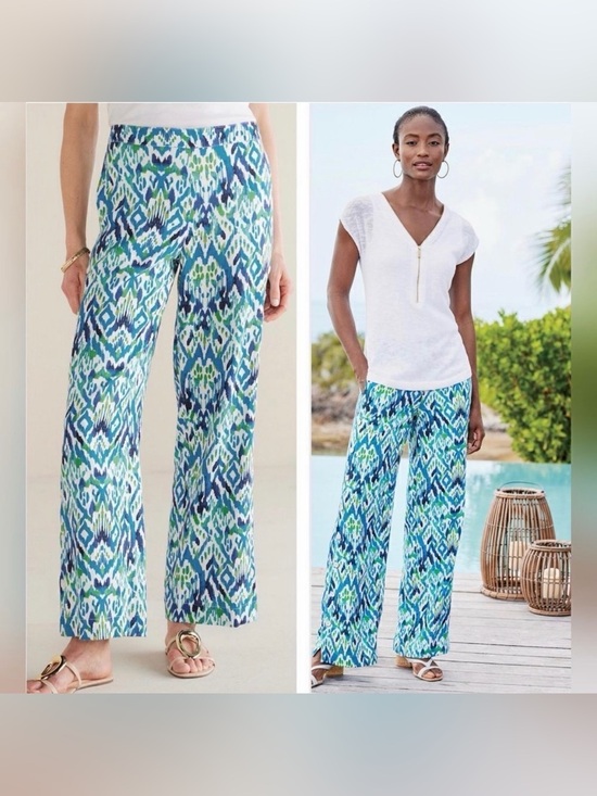 Pants - Soft Surroundings Linen Blend Blue Green Wide Leg Pants Size Medium